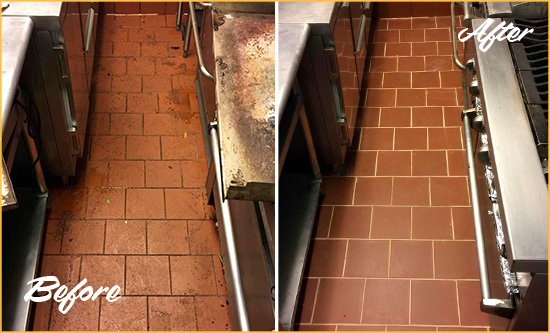 Before and After Picture of a Little York Restaurant Kitchen Tile and Grout Cleaned to Eliminate Dirt and Grease Build-Up