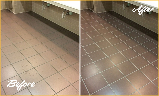 Before and After Picture of a Arcola Restrooms Tile and Grout Cleaned to Remove Embedded Dirt