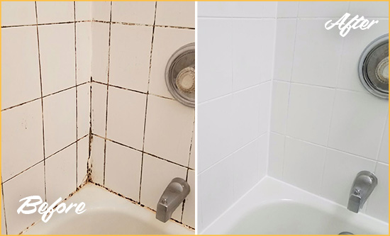 Before and After Picture of a Liberty Corner Shower Tile and Grout Cleaned to Eliminate Mold