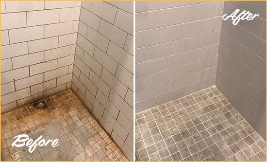 Before and After Picture of a Bala Cynwyd Shower Tile and Grout Cleaned to Eliminate Mold and Stains