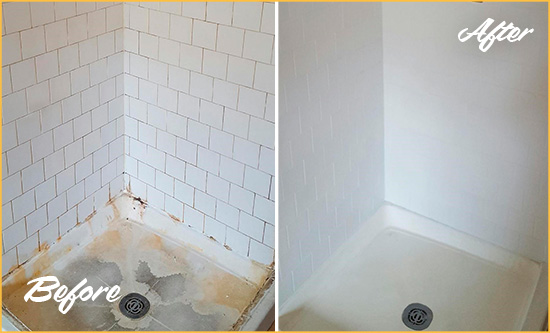 Before and After Picture of a Worcester Shower Tile and Grout Cleaned to Remove Soap Scum