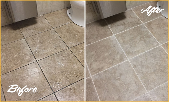 Before and After Picture of a Little York Restroom Tile and Grout Cleaned to Remove Soil