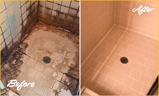 Before and After Picture of a Liberty Corner Shower Tile and Grout Cleaned to Repair Water Damage