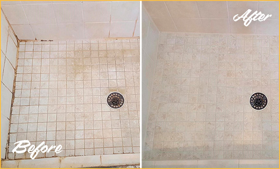 Before and After Picture of a Kulpsville Shower Caulked to Fix Cracks