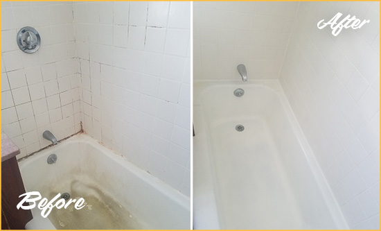 Before and After Picture of a Line Lexington Bathtub Caulked to Repair Cracks