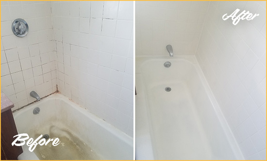 Before and After Picture of a Blooming Glen Bathtub Caulked to Repair Cracks