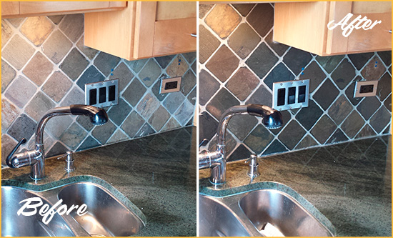Before and After Picture of a Holland Backsplash Caulked to Fix and Prevent Water Leaks