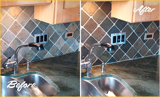 Before and After Picture of a Bryn Athyn Backsplash Caulked to Fix and Prevent Water Leaks