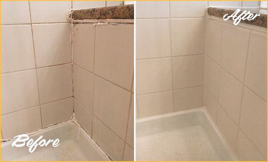 Before and After Picture of a Sergeantsville Shower Caulked to Repair Damaged Caulking