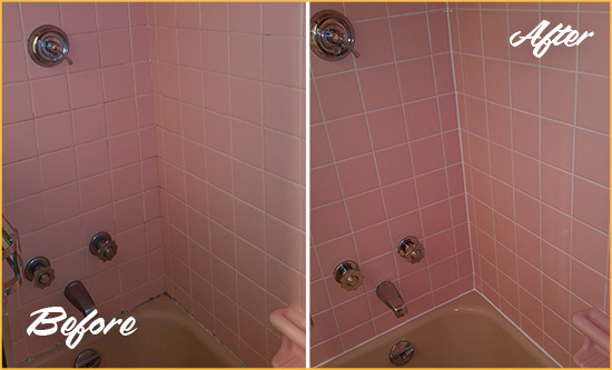 Before and After Picture of a Lambertville Bathtub Caulked to Eliminate Mold