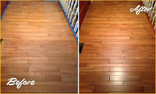 Before and After Picture of a Dresher Wood Sandless Refinishing Service on a Dull Hallway
