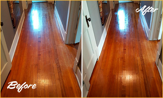 Before and After Picture of a Dresher Wood Sandless Refinishing Service on a Floor to Eliminate Scratches