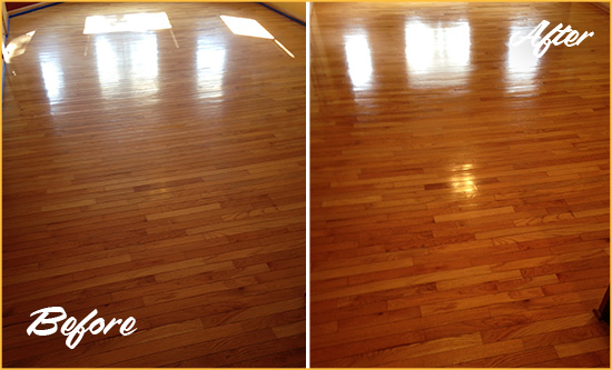 Before and After Picture of a Flourtown Wood Sandless Refinishing Service on a Room Floor to Remove Scratches