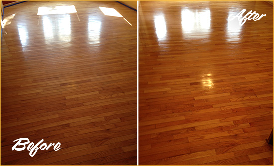 Before and After Picture of a Dresher Wood Sandless Refinishing Service on a Room Floor to Remove Scratches