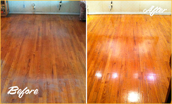 Before and After Picture of a Dresher Wood Sandless Refinishing Service on a Stained Floor