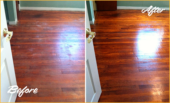Before and After Picture of a Buckingham Wood Sandless Refinishing Service on a Dull Floor to Remove Stains