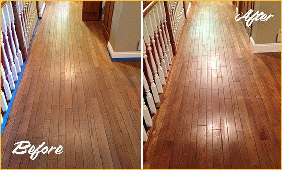 Before and After Picture of a Dresher Wood Sandless Refinishing Service on a Worn Out Floor