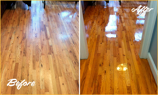 Before and After Picture of a Oreland Wood Sandless Refinishing Service on a Worn Out Hallway