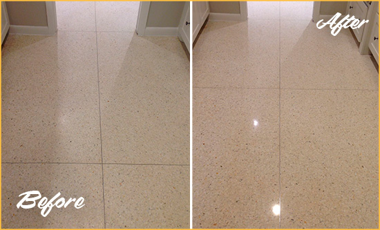 Before and After Picture of a Flagtown Granite Stone Floor Polished to Repair Dullness