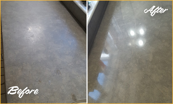 Before and After Picture of a Dull Doylestown Limestone Countertop Polished to Recover Its Color