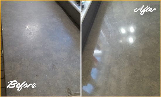 Before and After Picture of a Dull Frenchtown Limestone Countertop Polished to Recover Its Color