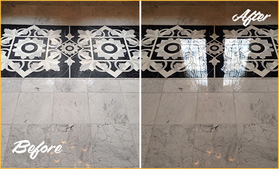 Before and After Picture of a Bala Cynwyd Marble Stone Floor Polished to a Mirror Shine