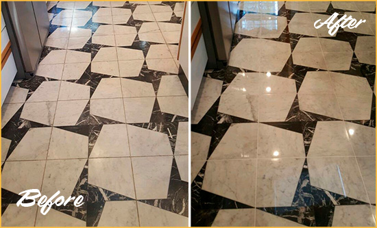 Before and After Picture of a Dull Mont Clare Marble Stone Floor Polished To Recover Its Luster