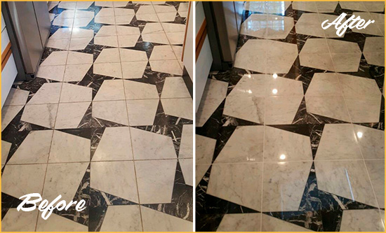 Before and After Picture of a Dull Bedminster Marble Stone Floor Polished To Recover Its Luster