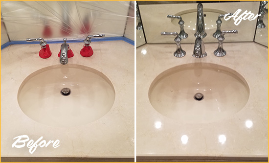 Before and After Picture of a Dull Gardenville Marble Stone Vanity Top Polished to Bring-Back Its Sheen