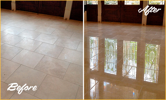 Before and After Picture of a Dull Blooming Glen Travertine Stone Floor Polished to Recover Its Gloss