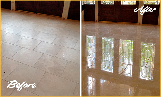 Before and After Picture of a Dull Horsham Travertine Stone Floor Polished to Recover Its Gloss