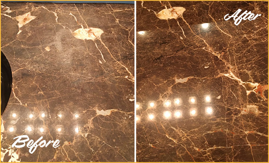 Before and After Picture of a Lumberville Marble Stone Countertop Polished to Eliminate Stains