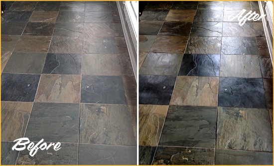 Before and After Picture of a Dull Doylestown Slate Floor Sealed to Bring Back Its Colors