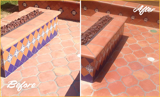 Before and After Picture of a Dull Alburtis Terracotta Patio Floor Sealed For UV Protection