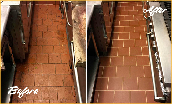 Before and After Picture of a Doylestown Restaurant Kitchen Floor Sealed to Remove Soil