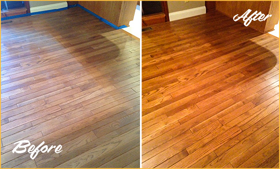 Before and After Picture of a Creamery Wood Sand Free Refinishing Service on a Dull Floor to Recover Its Sheen
