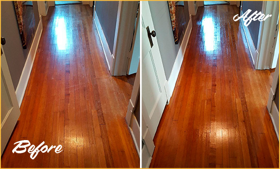 Before and After Picture of a Oaks Wood Sand Free Refinishing Service on a Floor to Eliminate Scratches