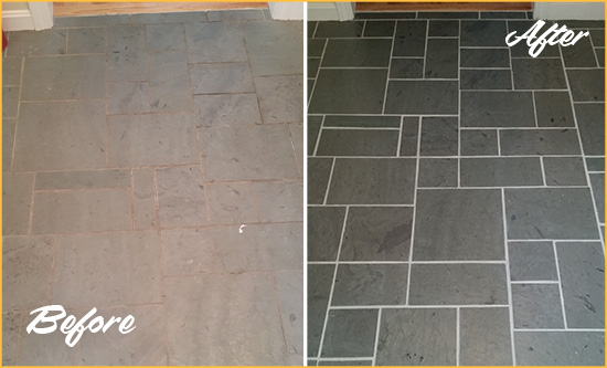 Before and After Picture of a Creamery Slate Floor Cleaned to Remove Deep-Seated Dirt