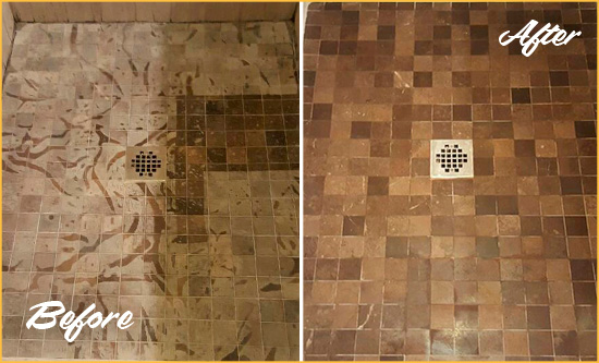 Before and After Picture of a Stained Peapack Marble Shower Floor Cleaned to Remove Etching