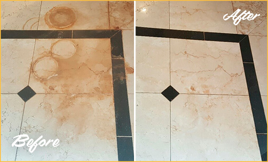 Before and After Picture of a Raritan Marble Floor Cleaned to Eliminate Rust Stains