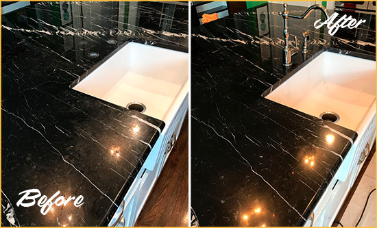 Before and After Picture of a Feasterville Trevose Marble Kitchen Countertop Stone Sealed to Avoid Water Damage