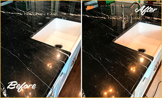 Before and After Picture of a Oldwick Marble Kitchen Countertop Stone Sealed to Avoid Water Damage