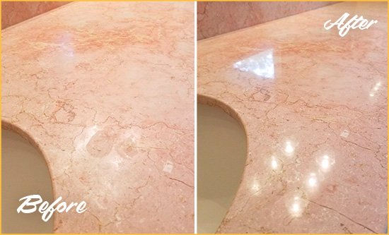 Before and After Picture of a Green Lane Marble Stone Vanity Top Sealed to Avoid Water Marks