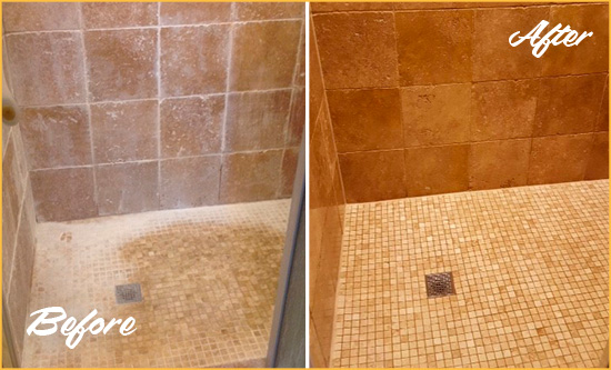 Before and After Picture of a Pottersville Travertine Shower Honed to Remove Mineral Deposits