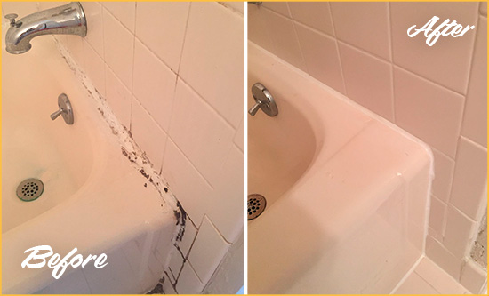 Before and After Picture of a Warminster Hard Surface Restoration Service on a Tile Shower to Repair Damaged Caulking