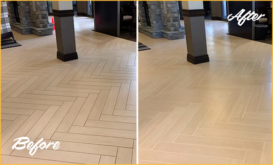 Before and After Picture of a Doylestown Hard Surface Restoration Service on an Office Lobby Tile Floor to Remove Embedded Dirt