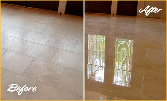 Before and After Picture of a Doylestown Hard Surface Restoration Service on a Dull Travertine Floor Polished to Recover Its Splendor