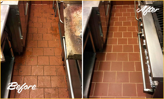 Before and After Picture of a Doylestown Hard Surface Restoration Service on a Restaurant Kitchen Floor to Eliminate Soil and Grease Build-Up