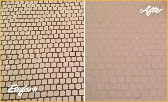 Before and After Picture of a Doylestown Hard Surface Restoration Service on a Bathroom Tile Floor Recolored to Fix Grout Color