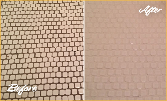 Before and After Picture of a Three Bridges Hard Surface Restoration Service on a Bathroom Tile Floor Recolored to Fix Grout Color